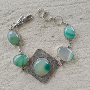 Green Botswana Agate Link Bracelet in Sterling Silver OVERLAY (7" - 8 1/2")
